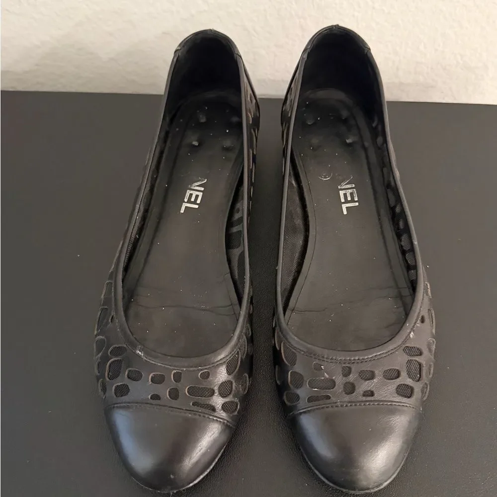 Chanel Black Leather and Mesh Ballet Flats Leather Cap Toe CC Logo 36.5